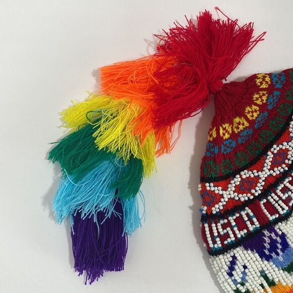 Colorful Andean Peruvian Knit Tassel Winter Hat Beaded Embroidered Boho main image 4